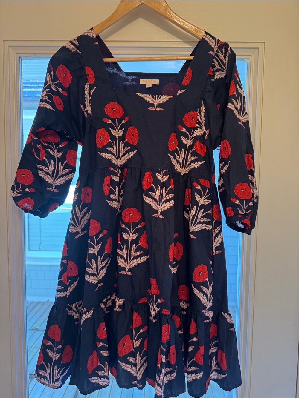 Women’s Navy Dress with Red Floral Embroidery